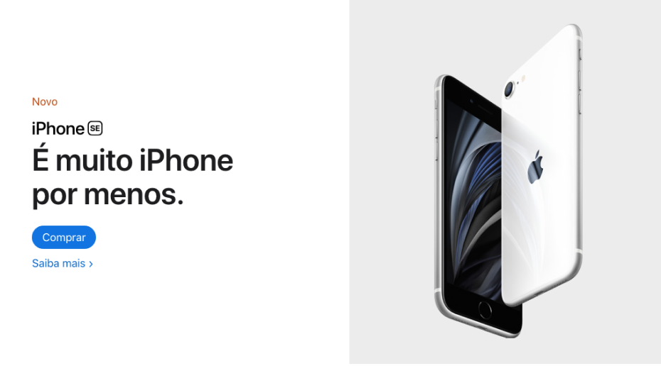 Exemplo de design estético e minimalista: no site da Apple, na página principal do iPhone, há somente as informações necessárias para que o usuário possa conhecer mais o produto ou comprá-lo