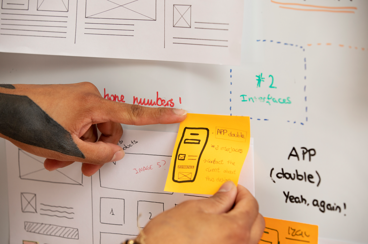 Imagem ilustrativa de uma pessoa colando um post-it em um quadro branco onde estão projetando um produto digital 