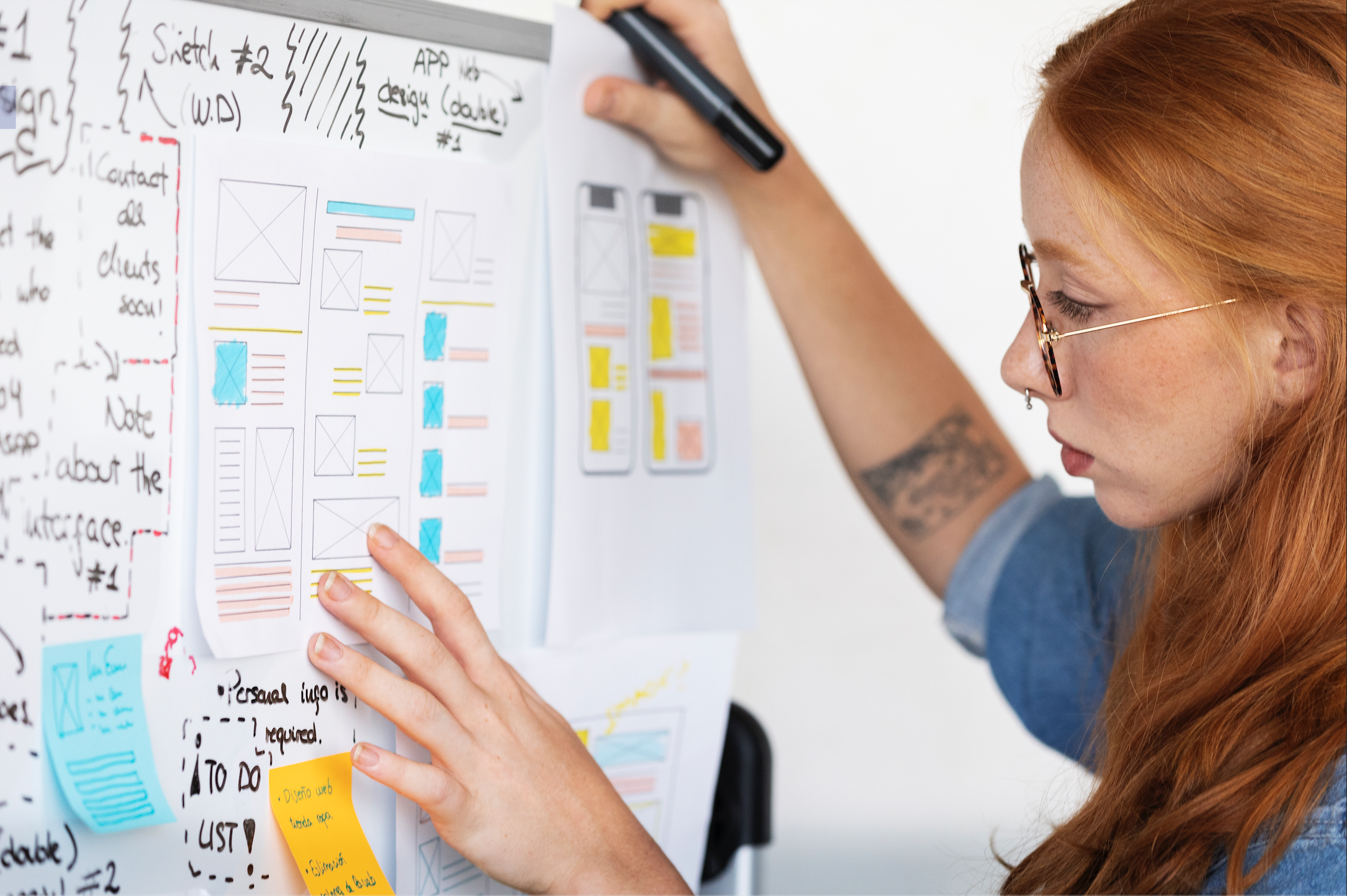 Imagem ilustrativa: mulher branca e ruiva em um quadro branco trabalhando com wireframes de UX Design