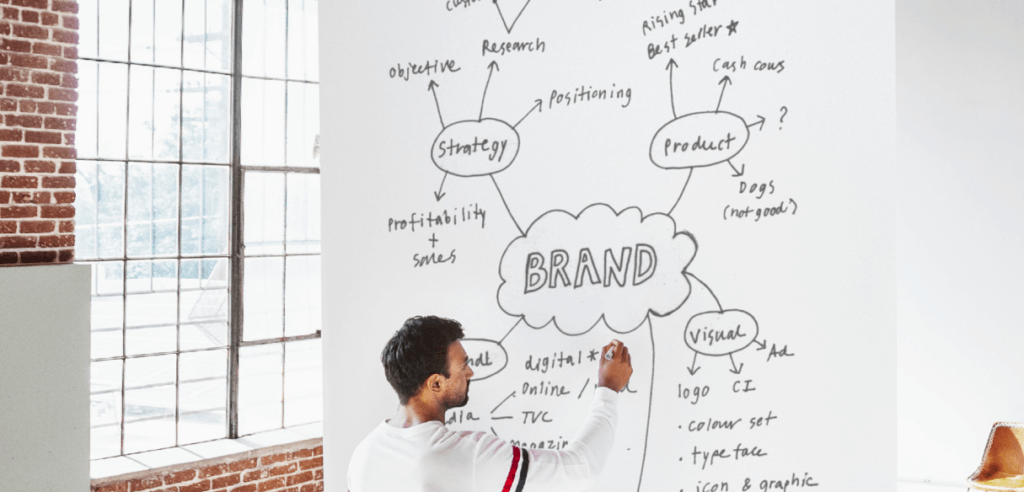 Profissional desenhando um mapa mental em uma parede com o termo 'Brand' no centro, conectado a tópicos como estratégia, produto e visual. A imagem representa o alinhamento entre UX Writing e Branding para criar uma voz de marca autêntica e forte.