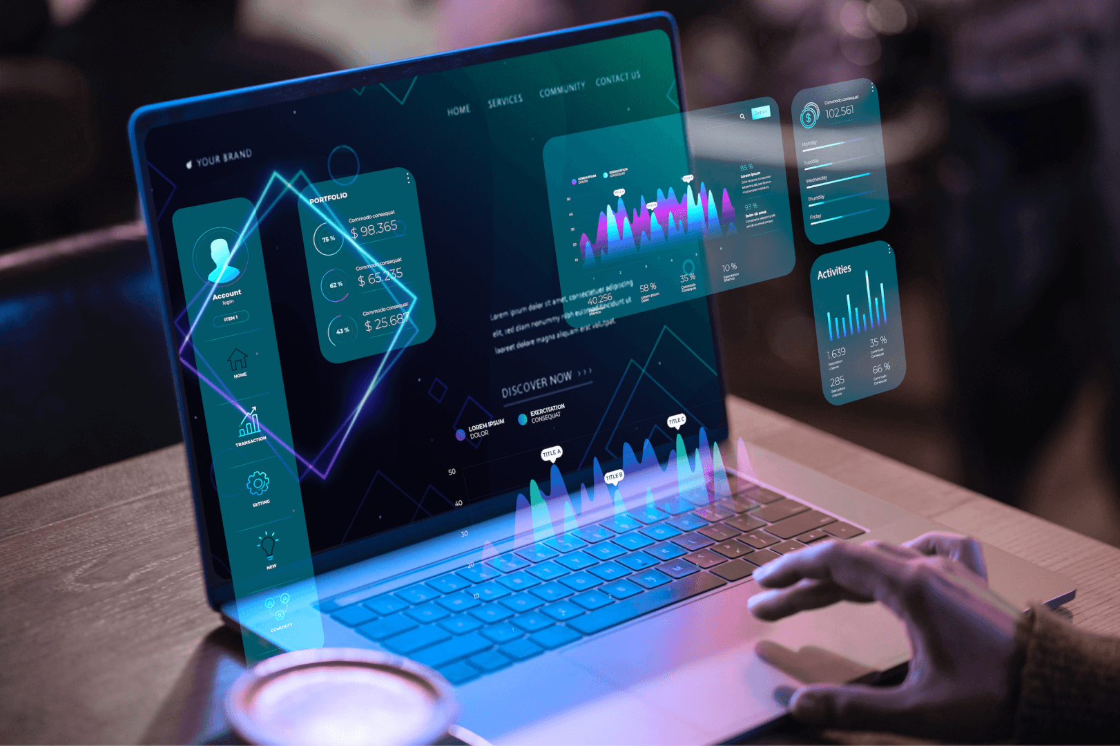 Tela de laptop exibindo visualizações interativas de dados e gráficos de UX Research, simbolizando o futuro das métricas em pesquisa com usuários.